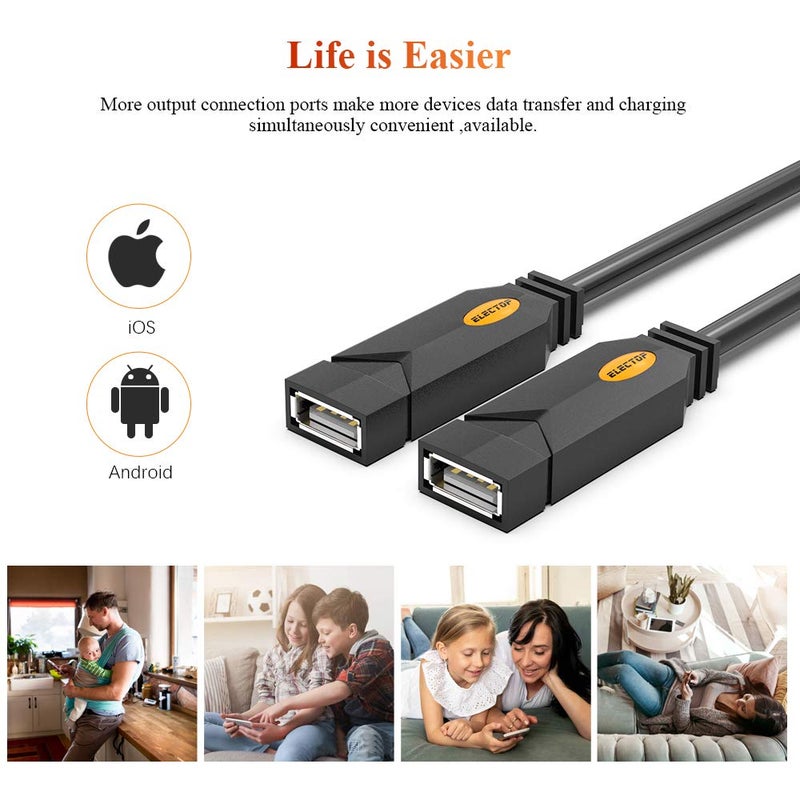 ELECTOP USB Splitter, ELECTOP 2 Ports USB A Hub, Dual Female Y Charging Splitter Cord Support iOS & Android System Data Sync & Charging - Image 2